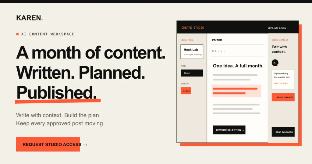 KAREN LinkedIn content workspace with Create Studio editor and monthly content plan